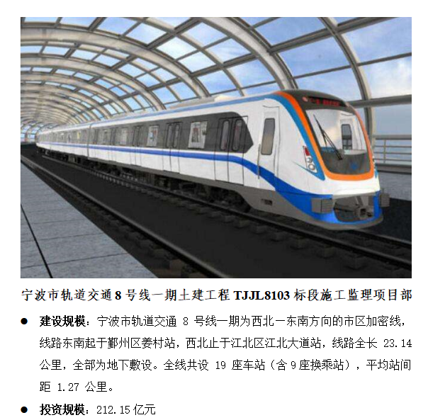 宁波市轨道交通8号线一期土建工程TJJL8103标段施工监理项目部